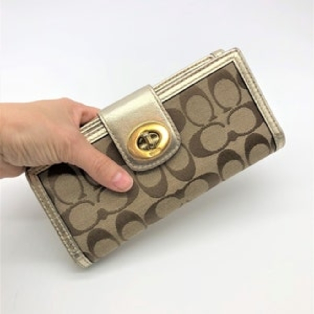 Coach Tan and Gold Signature Wallet With Turnlock